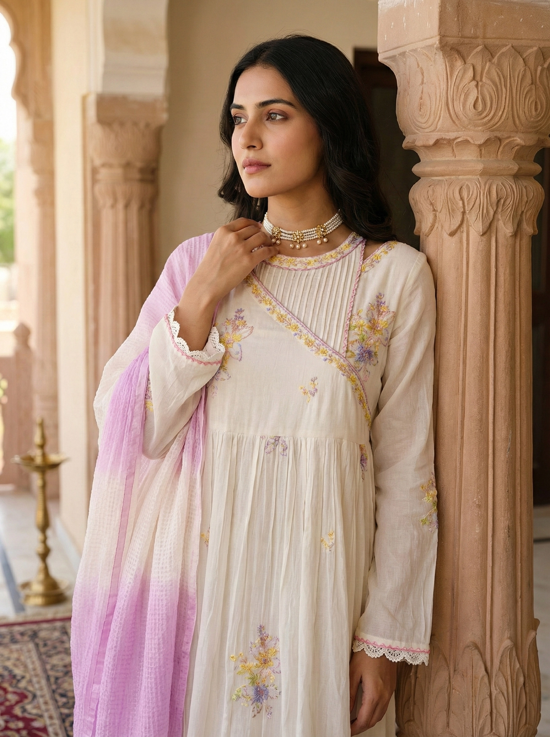 Ivory Serenity Floral Embroidered Flared Kurta Set - Image 2