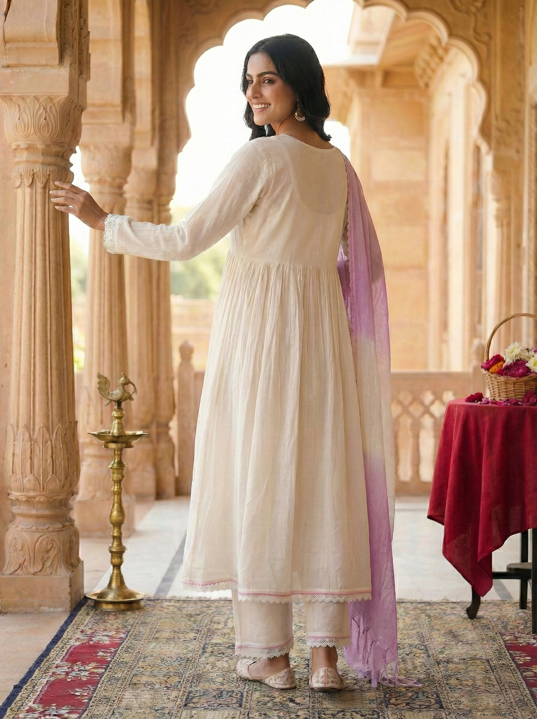 Ivory Serenity Floral Embroidered Flared Kurta Set - Image 3