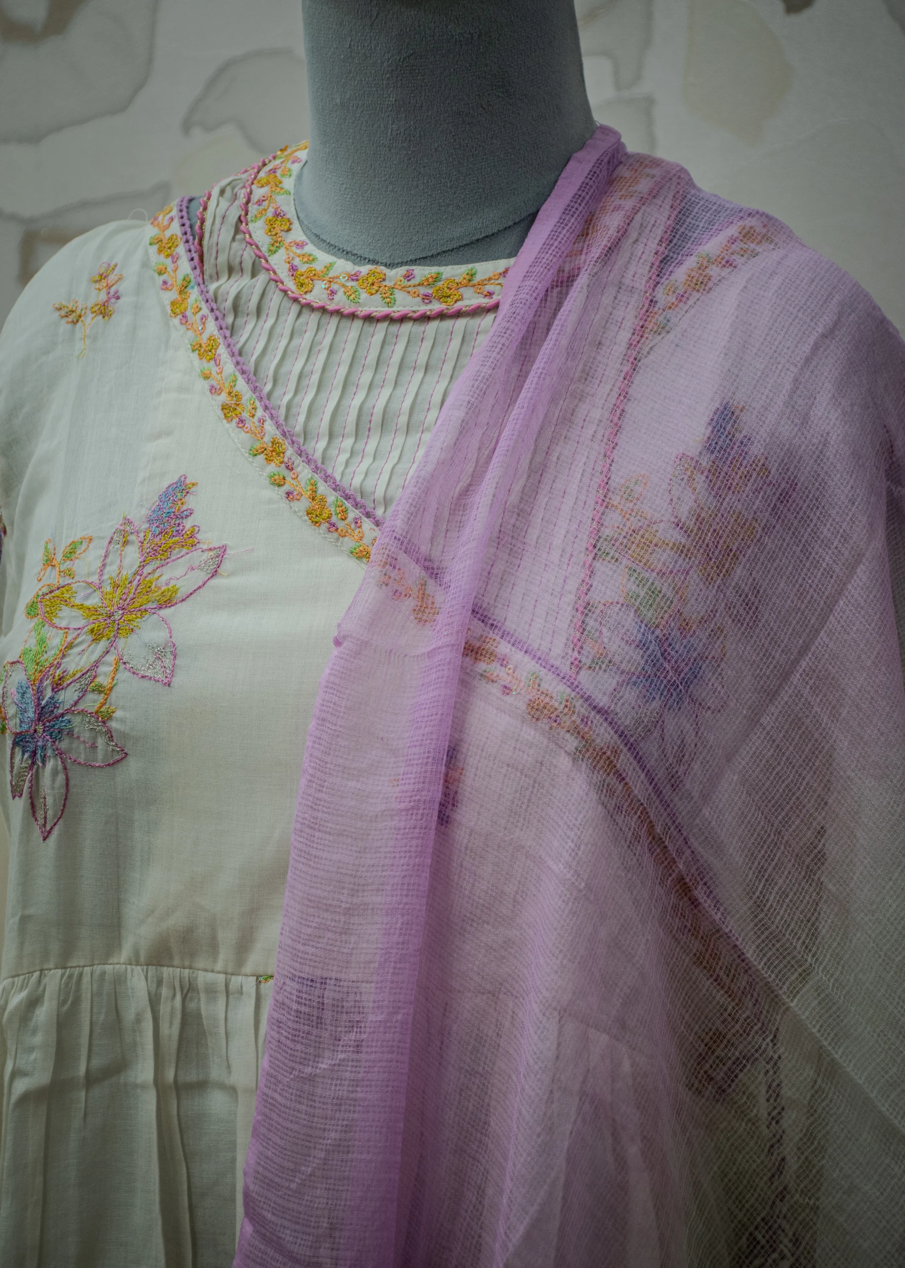 Ivory Serenity Floral Embroidered Flared Kurta Set - Image 4