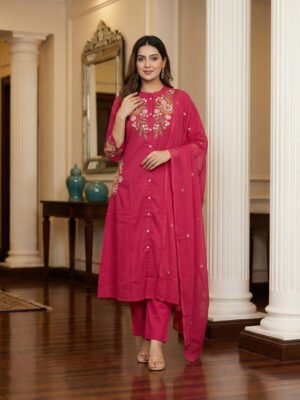 Vibrant Fuchsia Floral Embroidered Straight Kurta Set with Dupatta