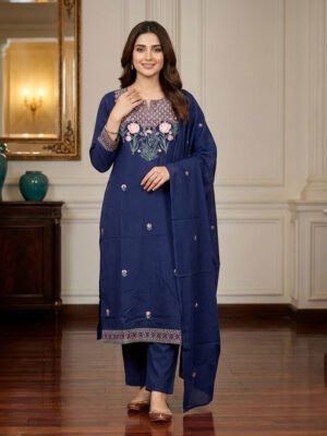 Deep Navy Blue Floral Embroidered Straight Kurta Set with Dupatta