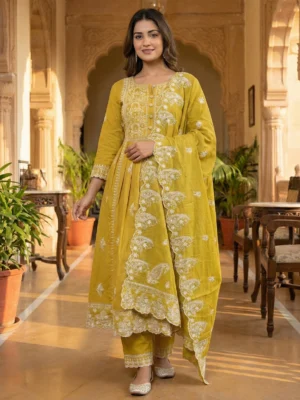 Vibrant Mustard Yellow Intricate Embroidered Flared Kurta Set with Scalloped Dupatta