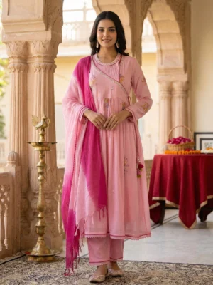 Soft Rose Pink Floral Embroidered Flared Kurta Set with Ombre Dupatta