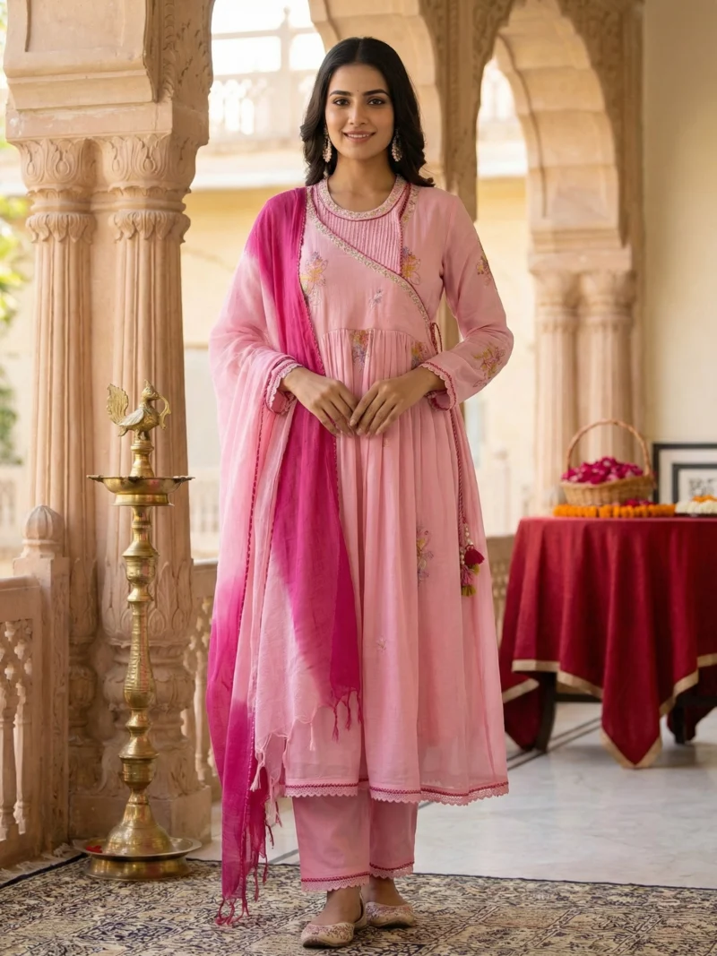 Soft Rose Pink Floral Embroidered Flared Kurta Set with Ombre Dupatta