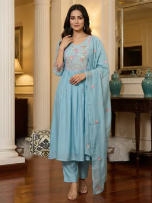 Serene Aqua Blue Floral Embroidered Flared Kurta Set with Matching Dupatta