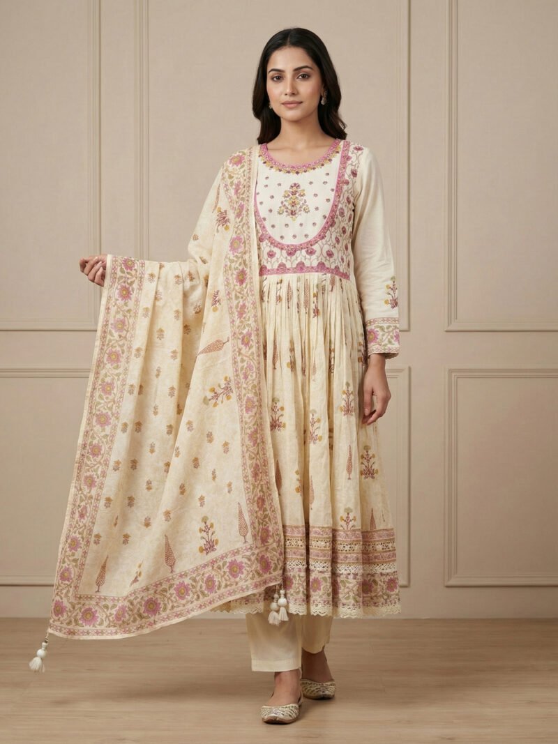 Beige Blossom Floral Printed Flared Kurta Set with Tasseled Dupatta