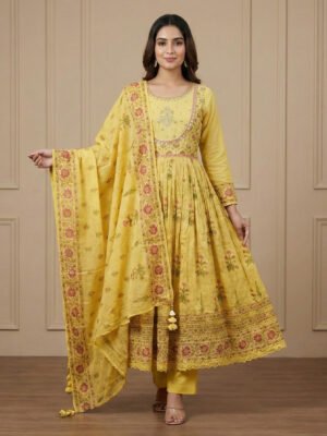 Radiant Yellow Floral Printed Flared Kurta Set with Tasseled Dupatta