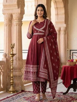 Rich Maroon Ethnic Printed Flared Kurta Set with Matching Dupatta