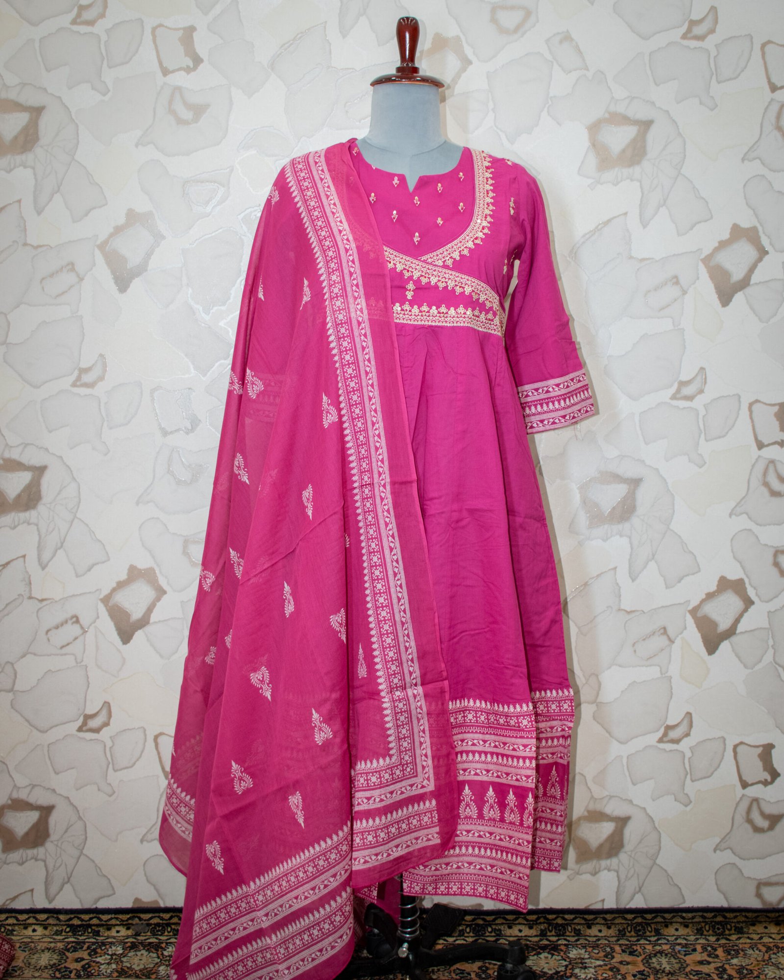 Vibrant Magenta Ethnic Printed Angrakha-Style Kurta Set with Dupatta - Image 6