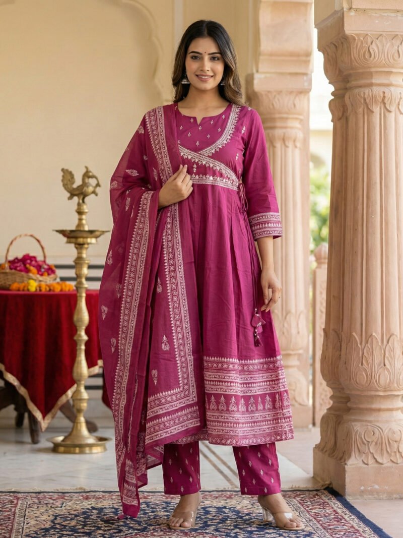 Vibrant Magenta Ethnic Printed Angrakha-Style Kurta Set with Dupatta