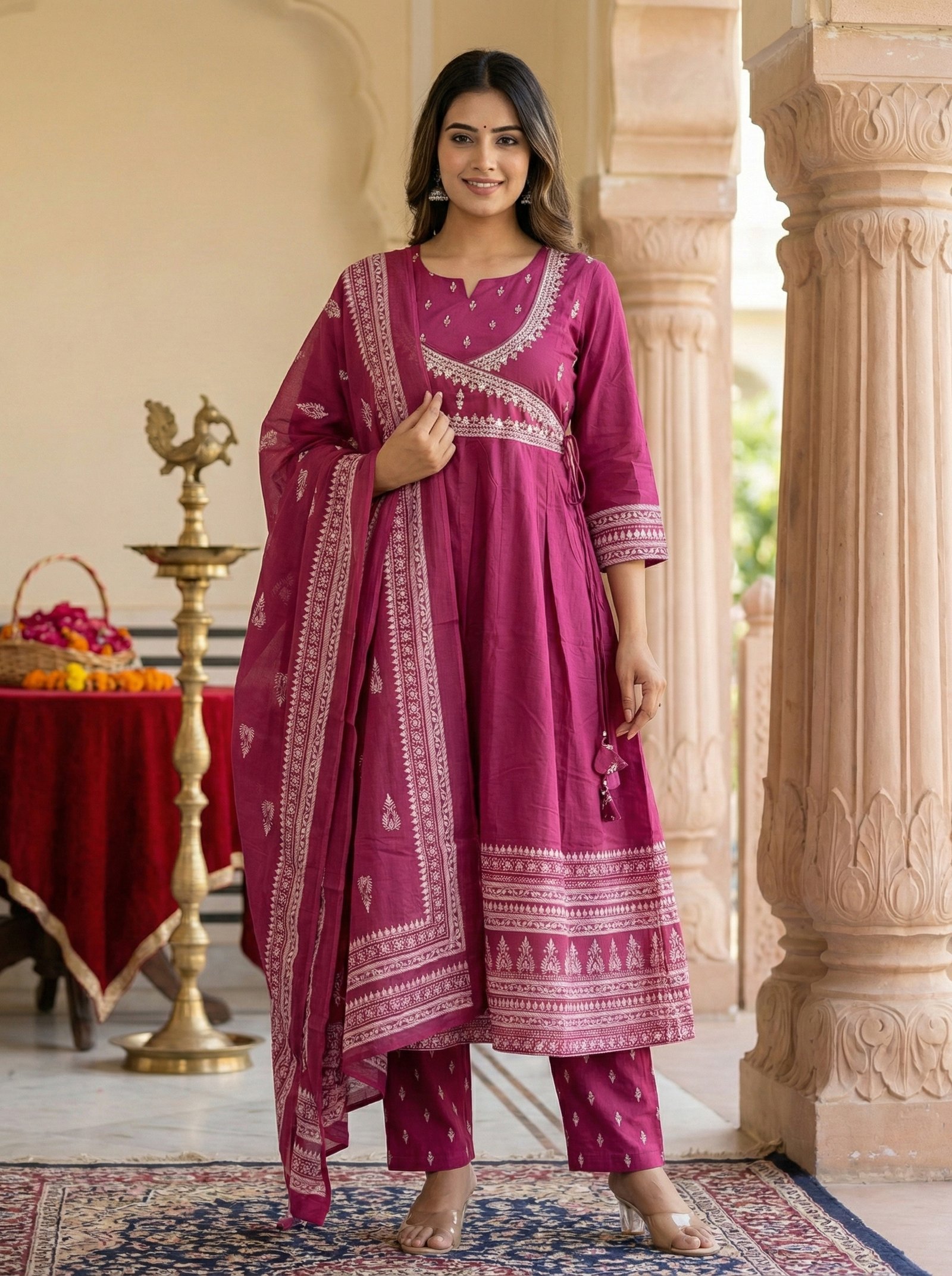 Vibrant Magenta Ethnic Printed Angrakha-Style Kurta Set with Dupatta