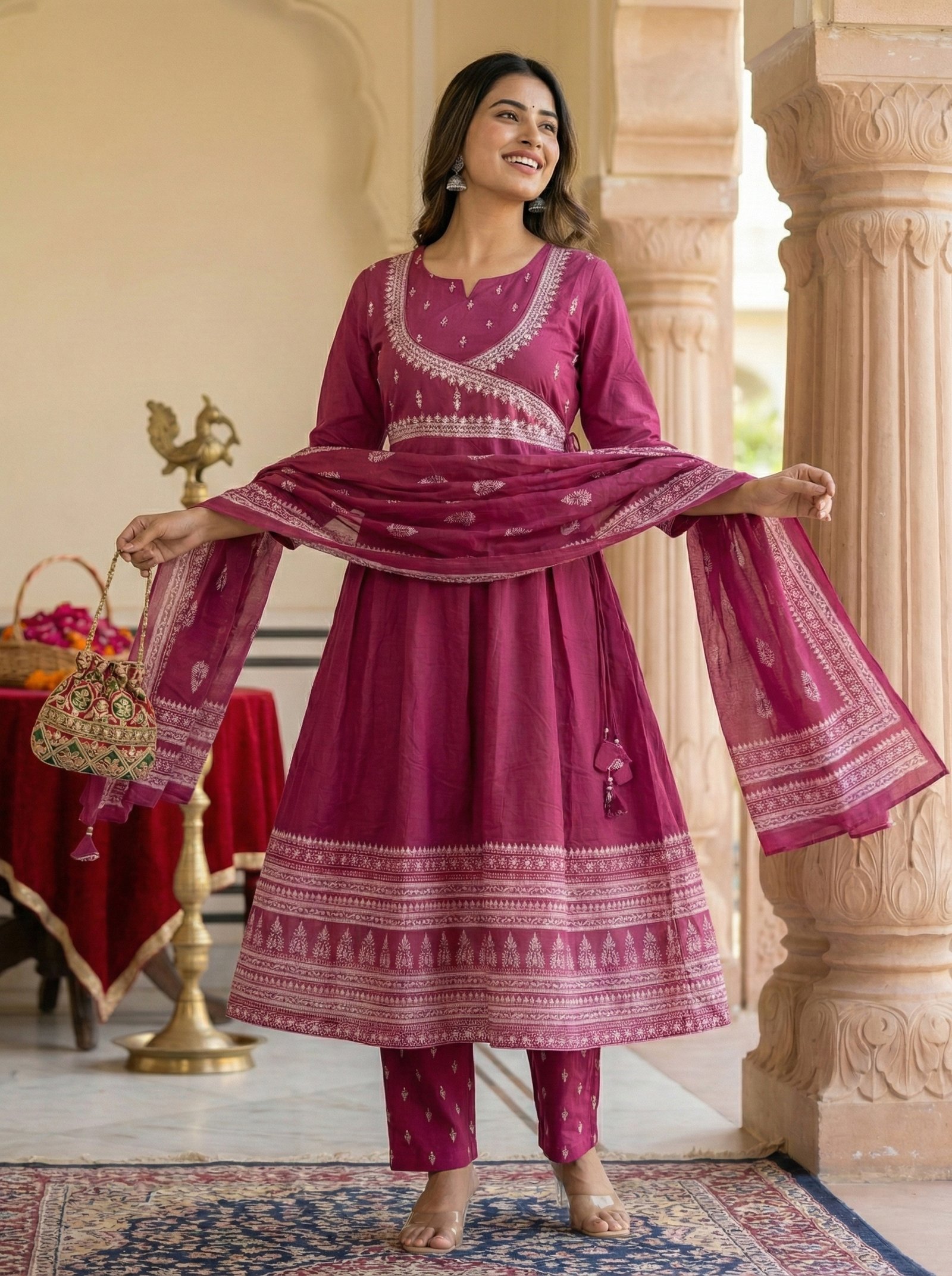Vibrant Magenta Ethnic Printed Angrakha-Style Kurta Set with Dupatta - Image 2