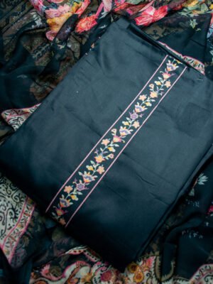 Midnight Black Floral Panel Unstitched Suit Set with Printed Sheer Dupatta