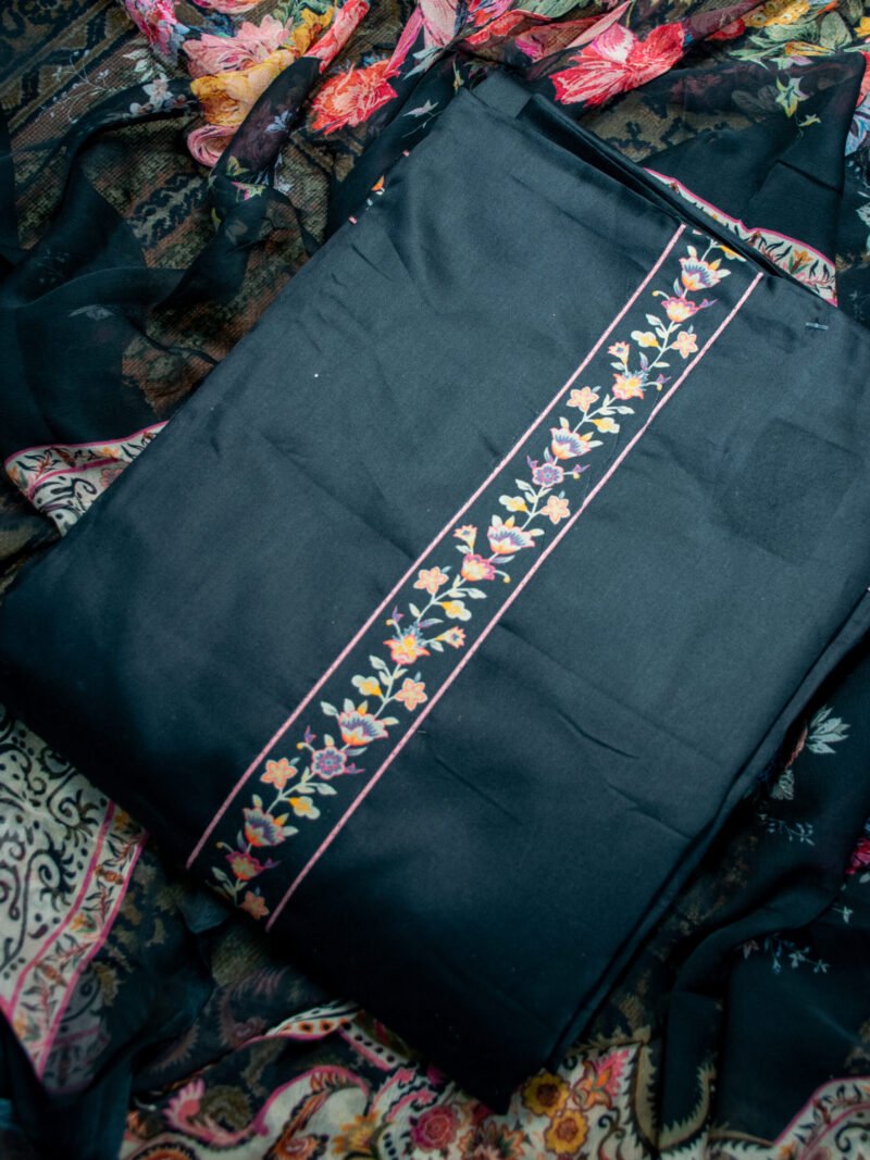 Midnight Black Floral Panel Unstitched Suit Set with Printed Sheer Dupatta