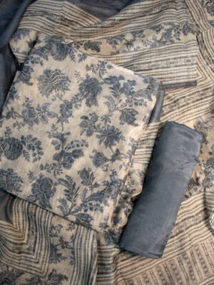 Elegant Slate Blue Floral Printed Unstitched Suit Set