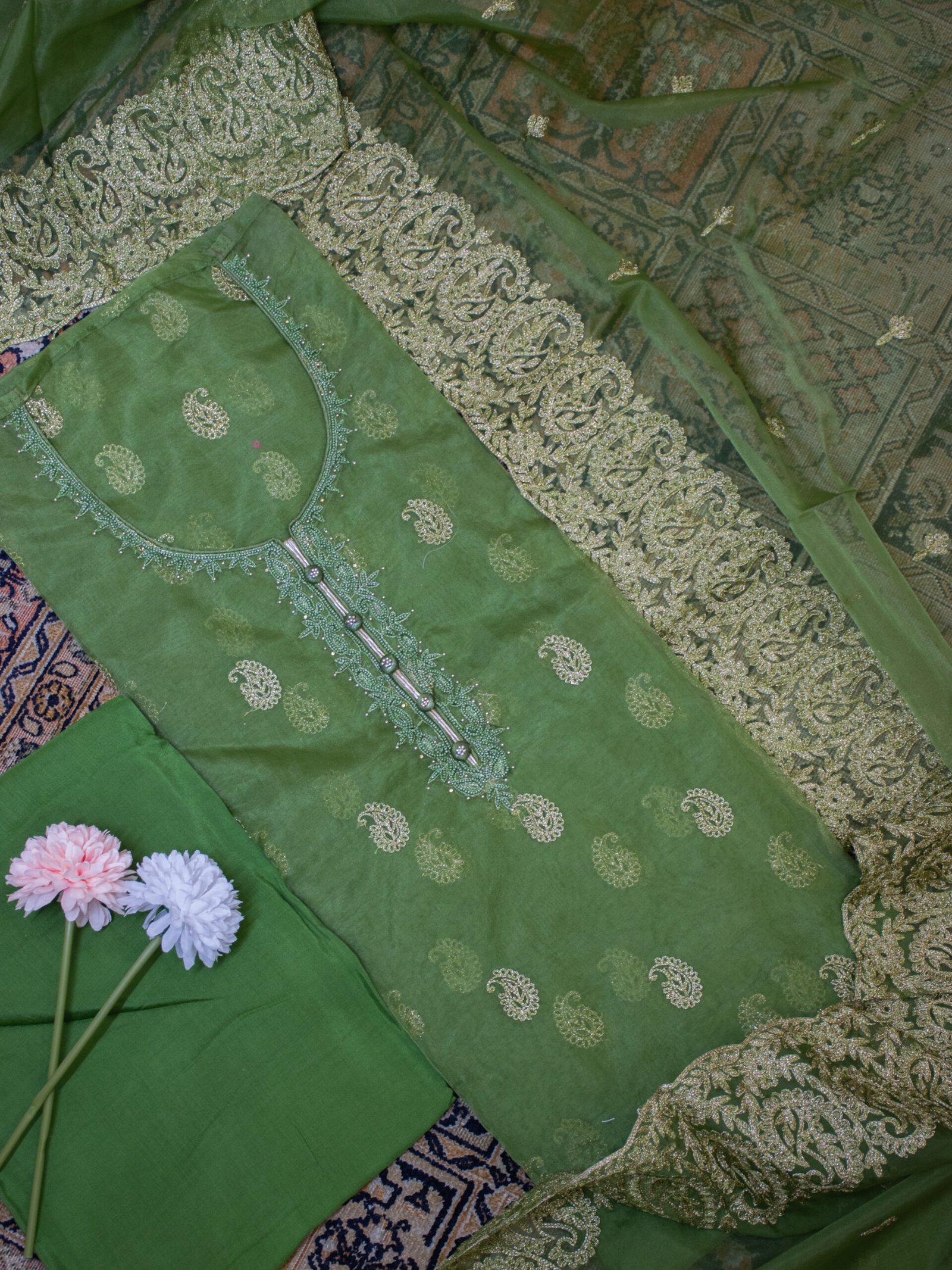Vibrant Leaf Green Embroidered Unstitched Suit Set with Heavy Border Dupatta - Image 5