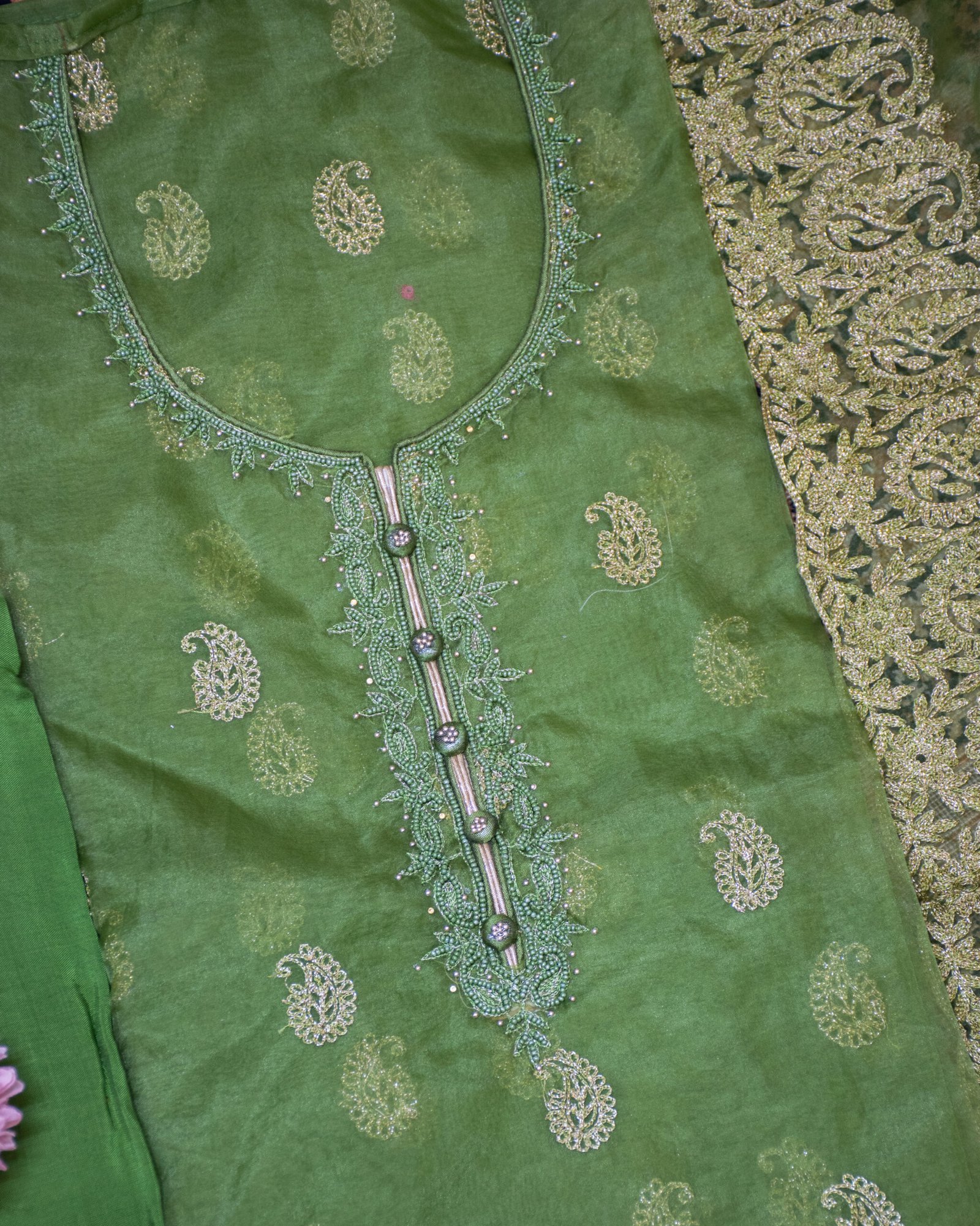 Vibrant Leaf Green Embroidered Unstitched Suit Set with Heavy Border Dupatta - Image 3