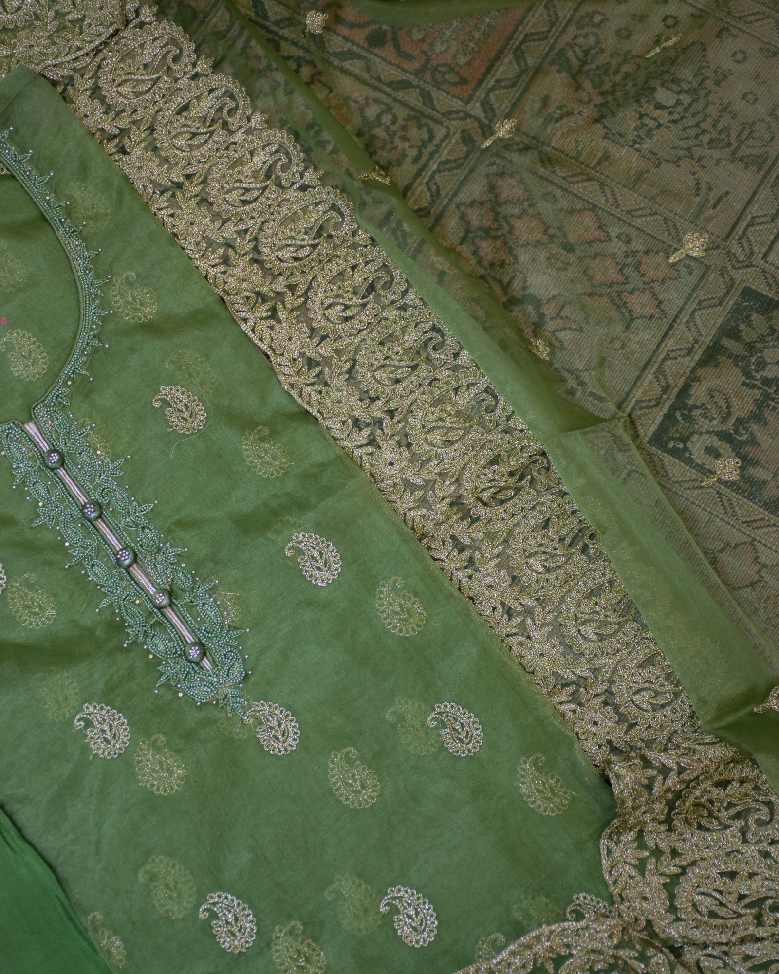 Vibrant Leaf Green Embroidered Unstitched Suit Set with Heavy Border Dupatta - Image 4