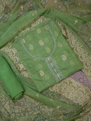 Vibrant Leaf Green Embroidered Unstitched Suit Set with Heavy Border Dupatta
