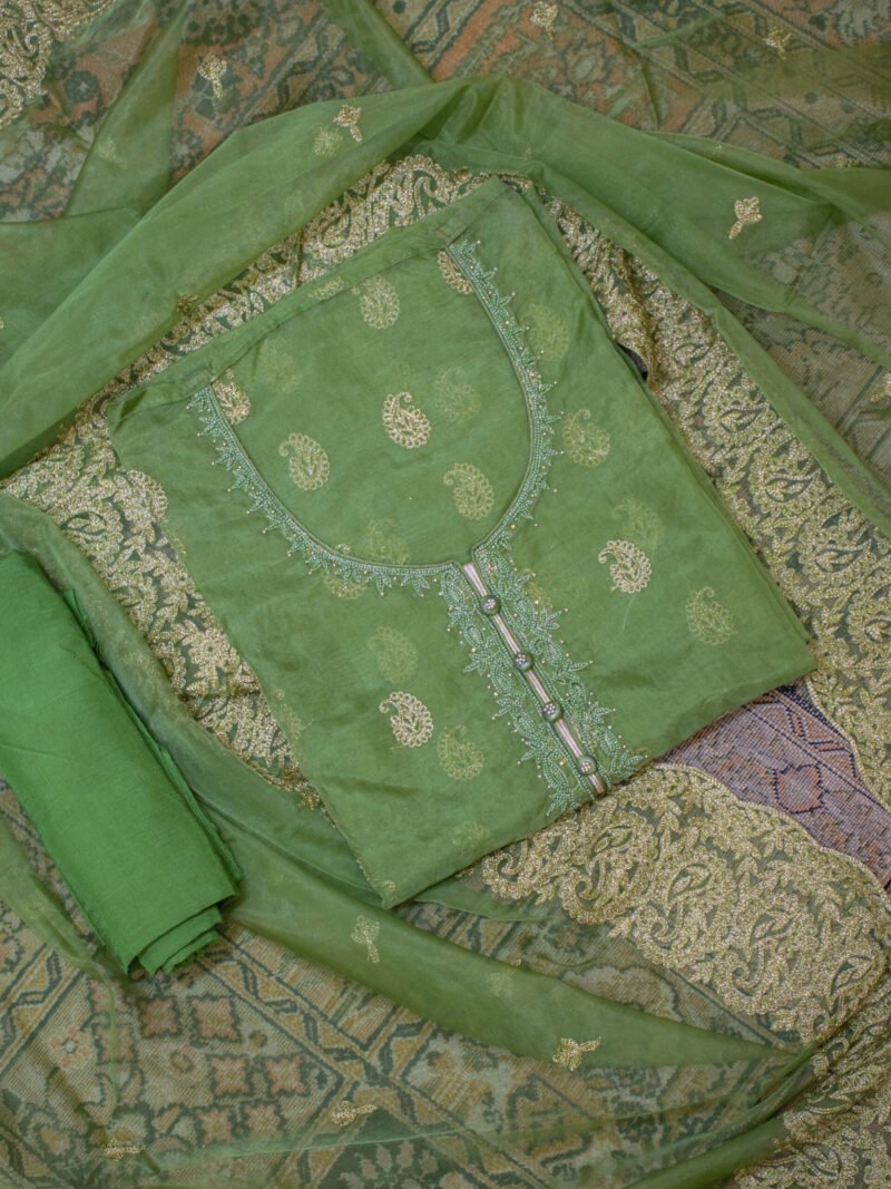Vibrant Leaf Green Embroidered Unstitched Suit Set with Heavy Border Dupatta