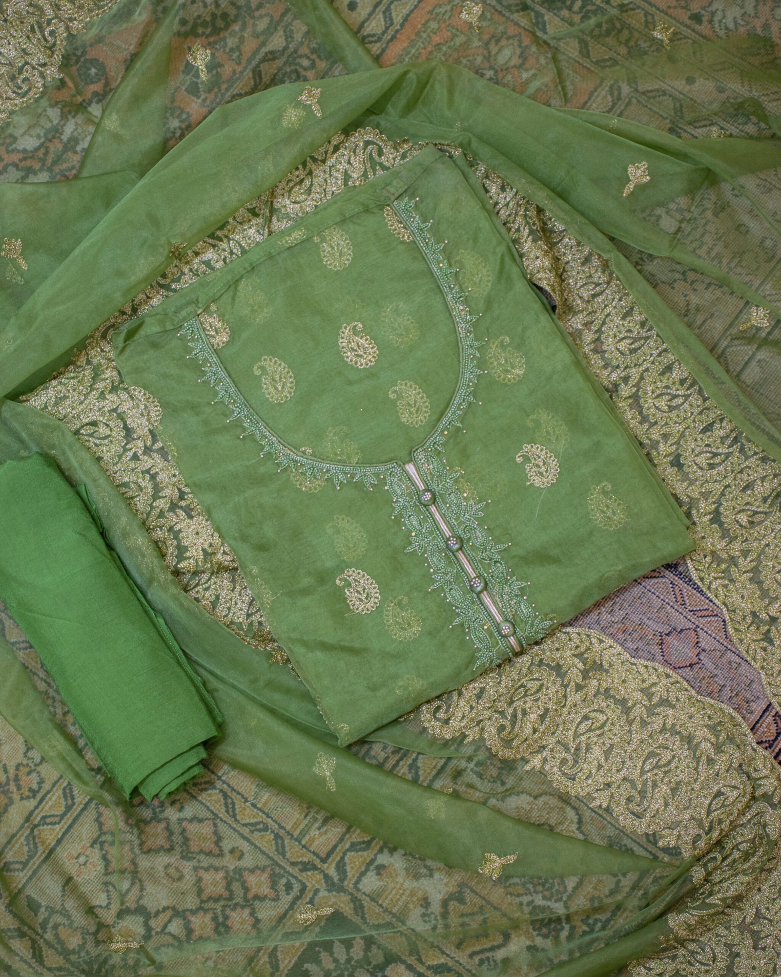 Vibrant Leaf Green Embroidered Unstitched Suit Set with Heavy Border Dupatta