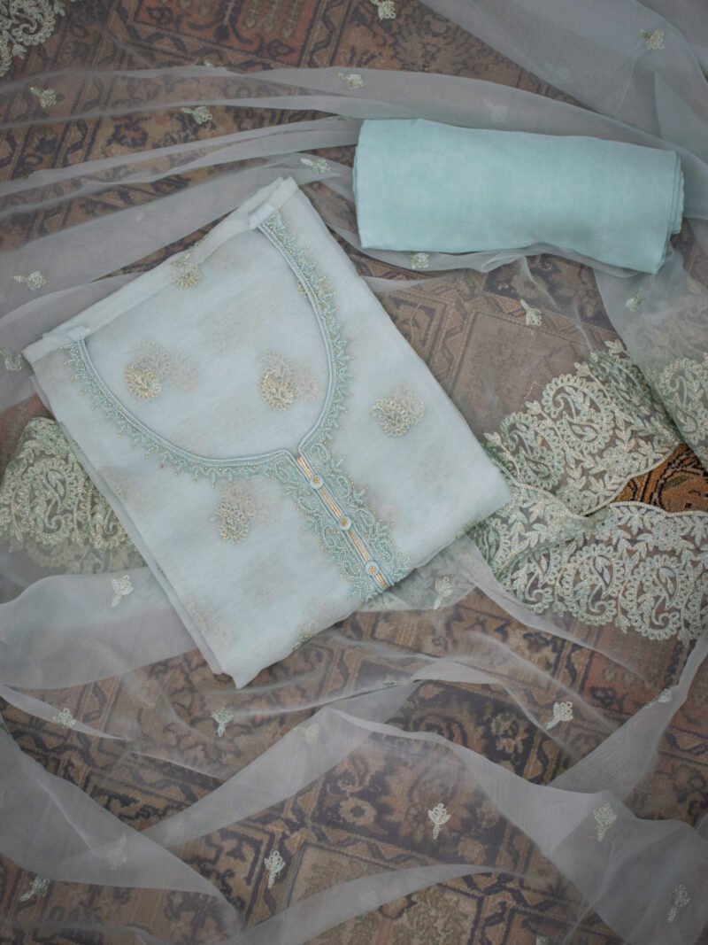 Pastel Icy Blue Embroidered Unstitched Suit Set with Heavy Border Dupatta