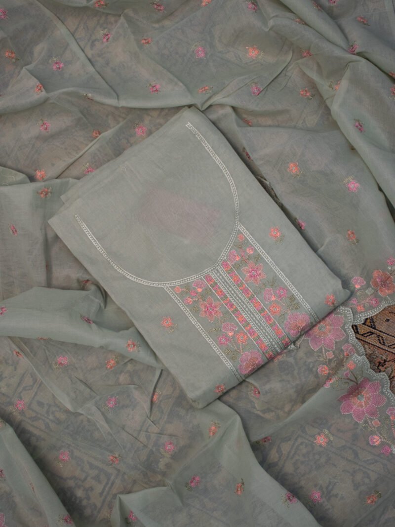 Soft Sage Green Floral Embroidered Unstitched Suit Set with Scalloped Dupatta