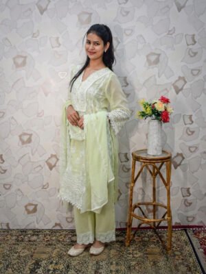 Fresh Mint Green Chikankari-Style Straight Kurta Set with Dupatta