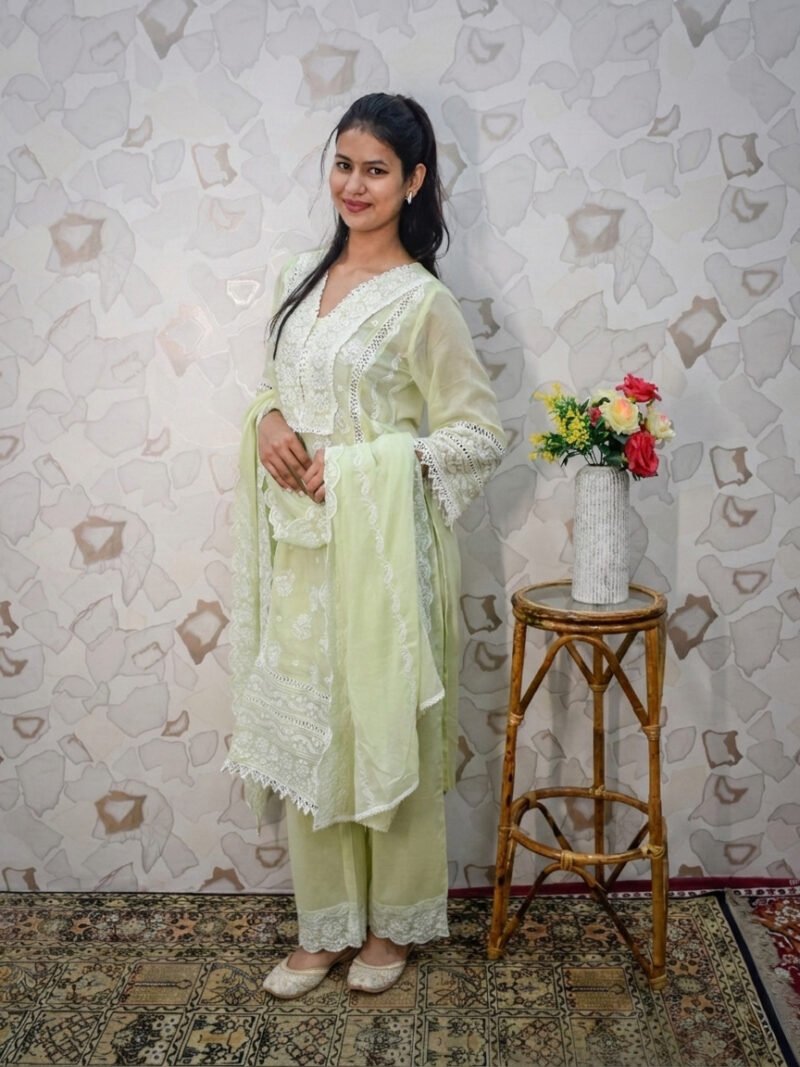 Fresh Mint Green Chikankari-Style Straight Kurta Set with Dupatta