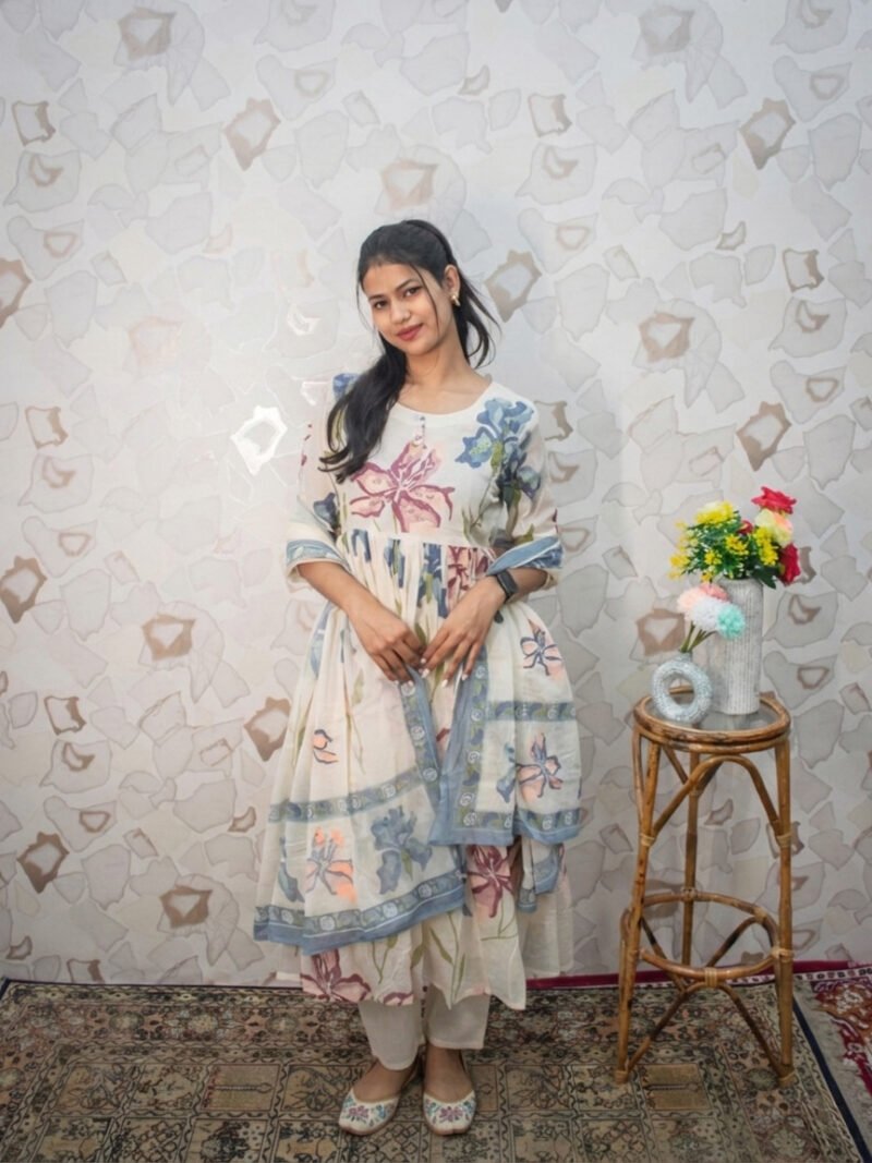 Ivory Watercolor Floral Gathered Kurta Set with Dupatta