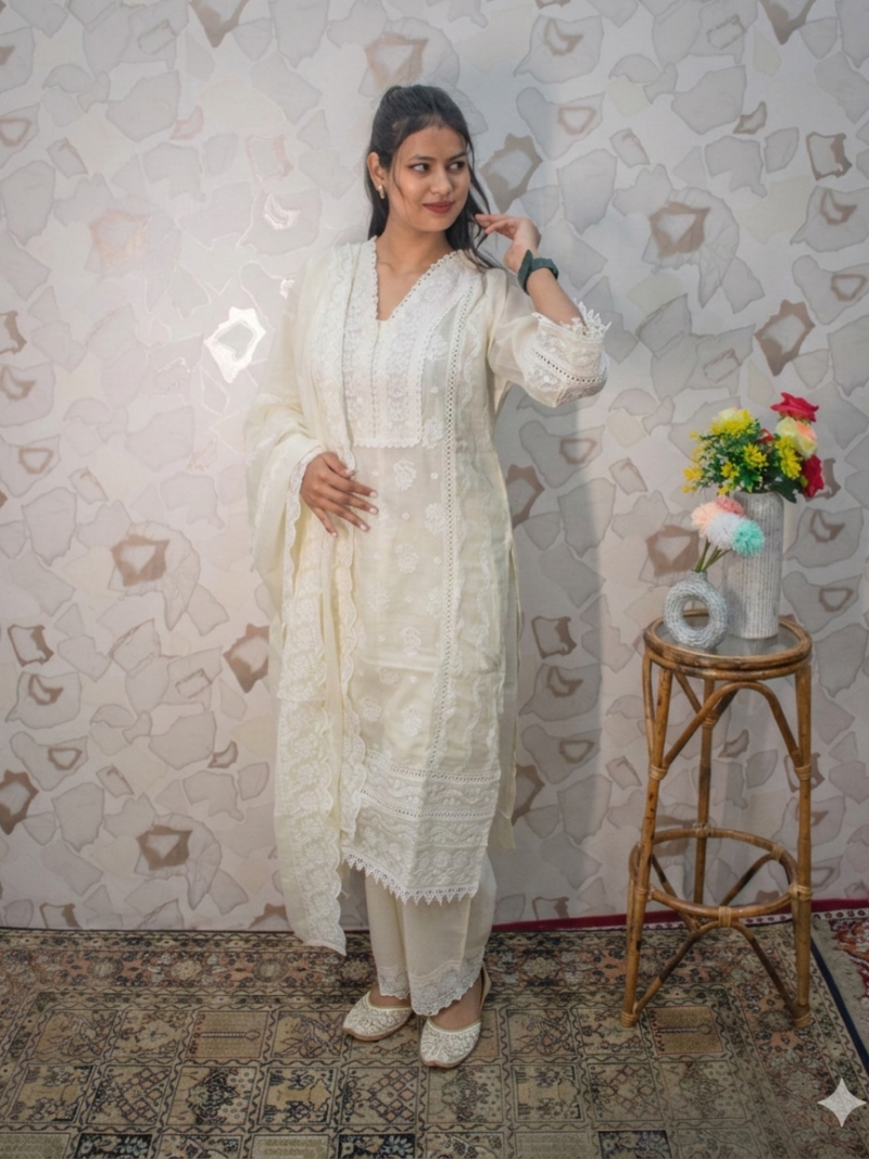 Soft Cream Chikankari-Style Lace Detailed Straight Kurta Set with Dupatta