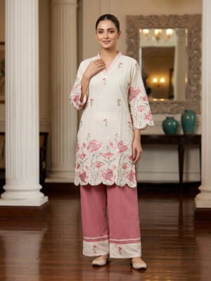 Ivory & Dusty Pink Floral Embroidered Scalloped 2-Piece Co-ord Set