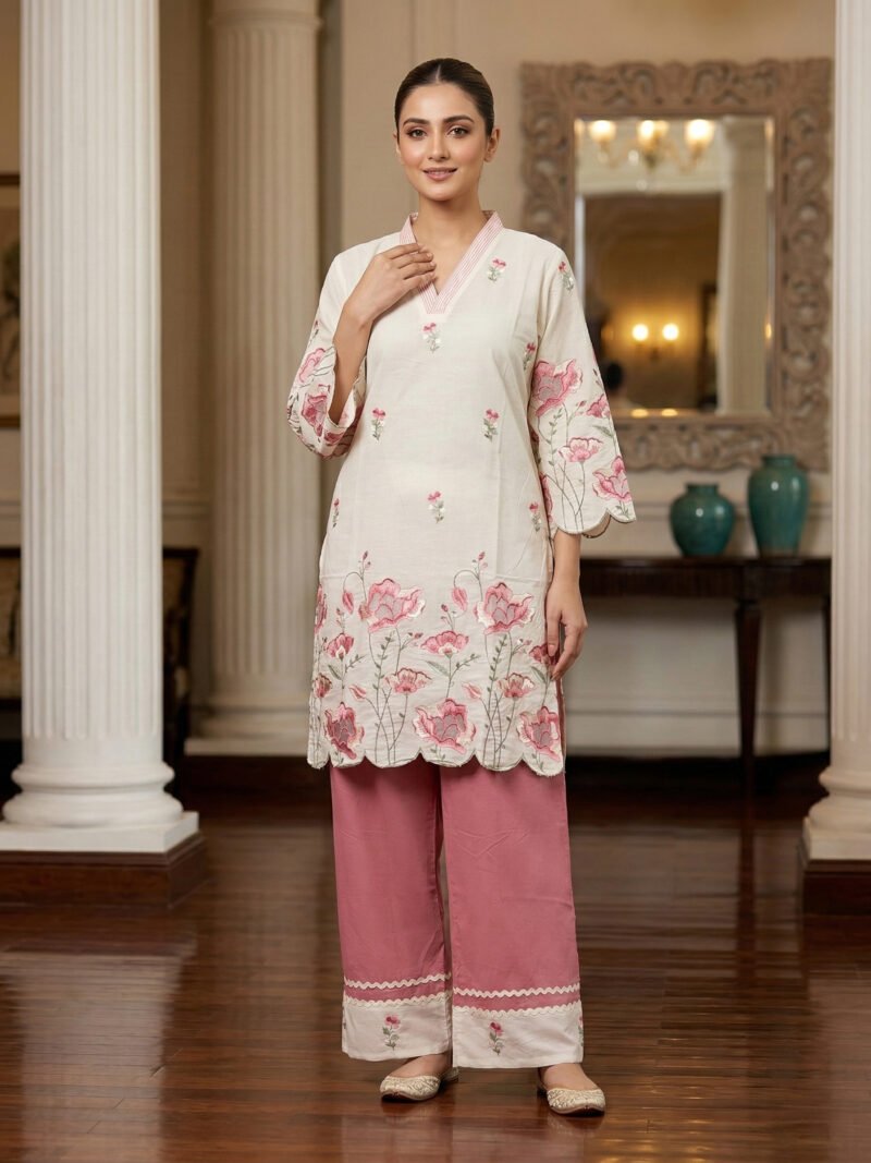 Ivory & Dusty Pink Floral Embroidered Scalloped 2-Piece Co-ord Set