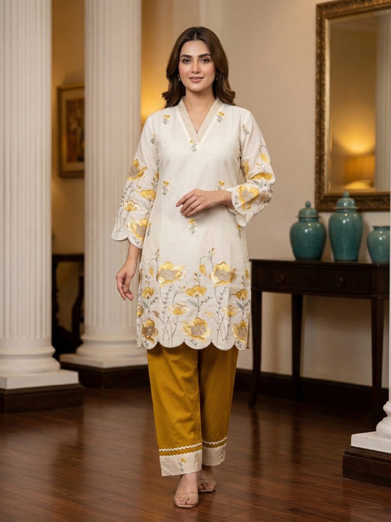 Ivory & Mustard Yellow Floral Embroidered Scalloped 2-Piece Co-ord Set