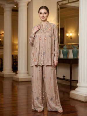 Elegant Taupe Floral Embroidered 2-Piece Co-ord Set