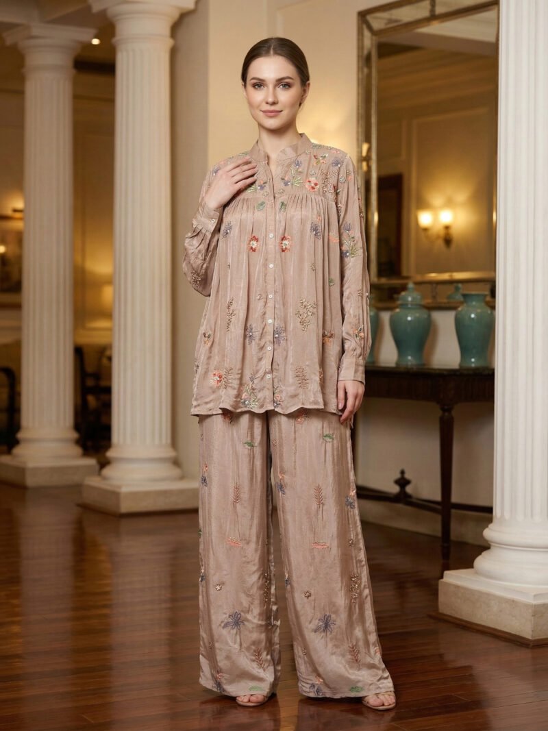 Elegant Taupe Floral Embroidered 2-Piece Co-ord Set