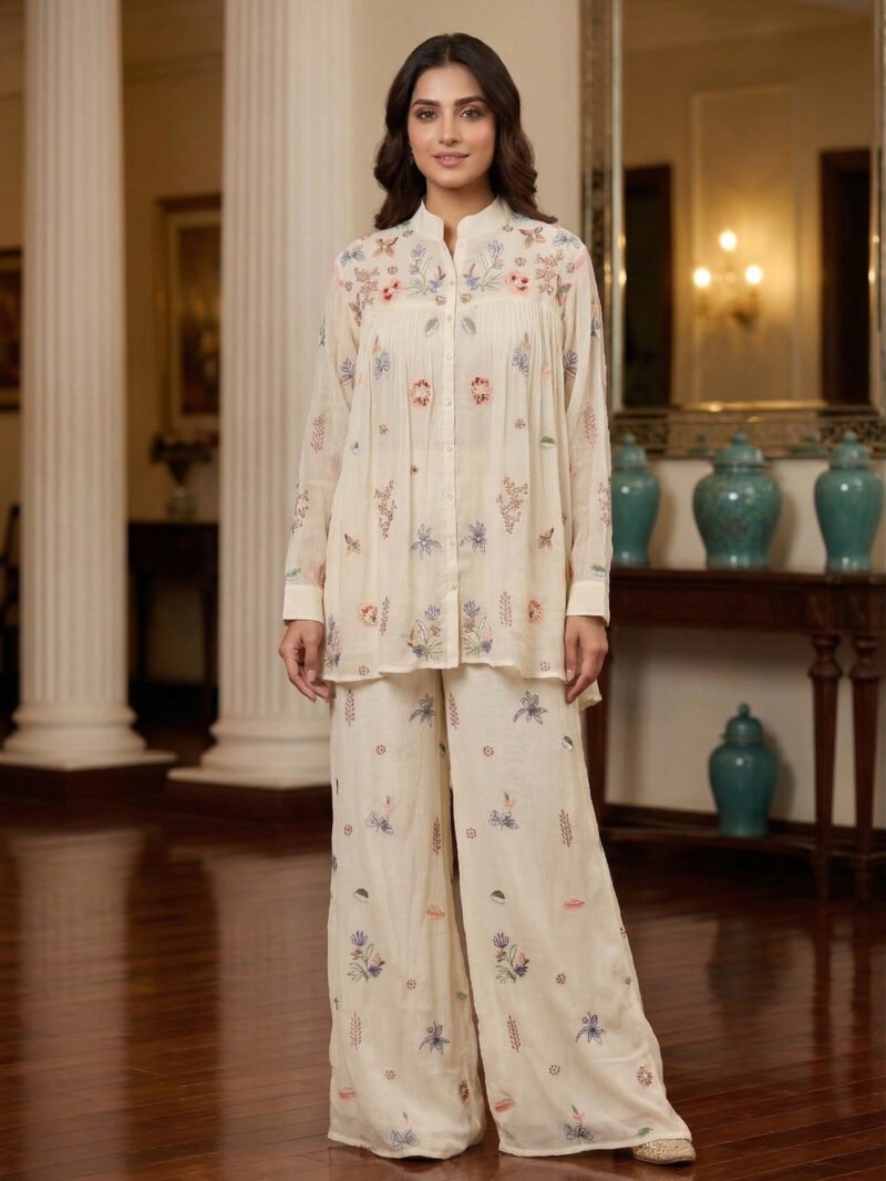 Pristine Ivory Floral Embroidered 2-Piece Co-ord Set