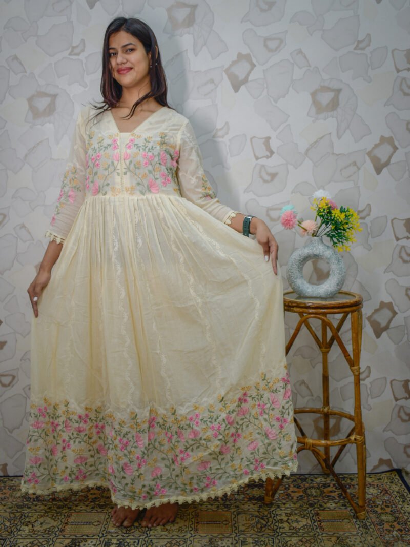 Soft Pastel Yellow Floral Embroidered Flared Kurta Set with Dupatta
