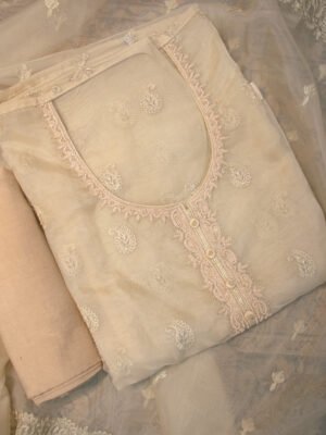 Elegant Champagne Beige Pearl Embellished Unstitched Suit Set with Heavy Dupatta