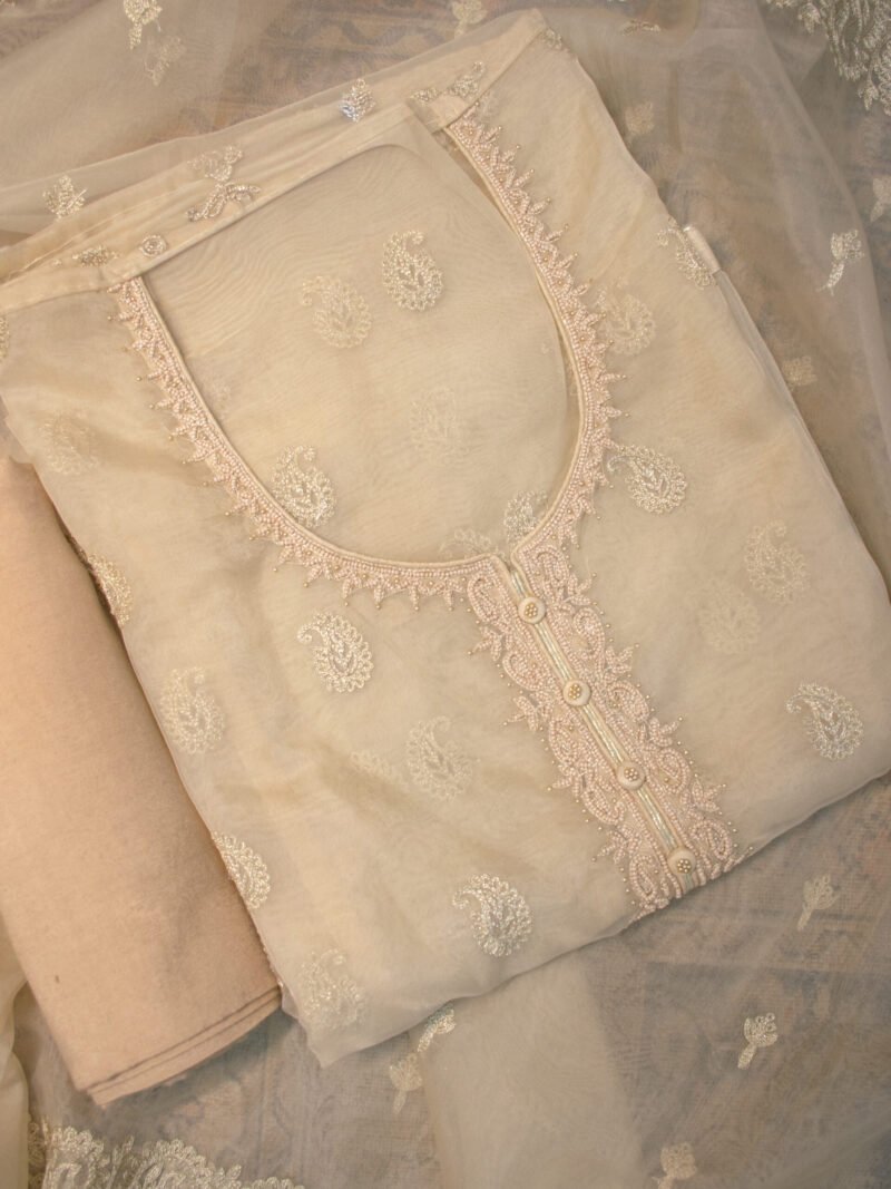 Elegant Champagne Beige Pearl Embellished Unstitched Suit Set with Heavy Dupatta