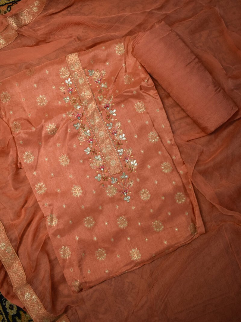 Radiant Peach Zari Woven Unstitched Suit Set with Embellished Neckline