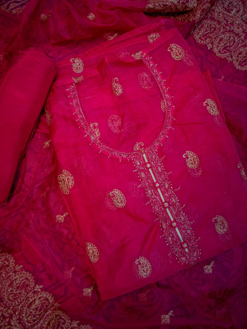 Vibrant Magenta Zari Embroidered Unstitched Suit Set with Heavy Dupatta