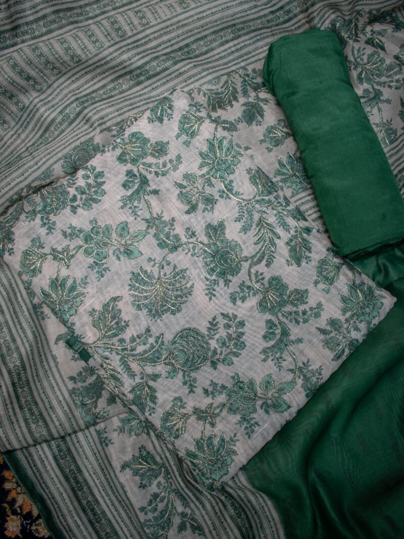 Elegant Emerald Green Floral Printed Unstitched 3-Piece Suit Set