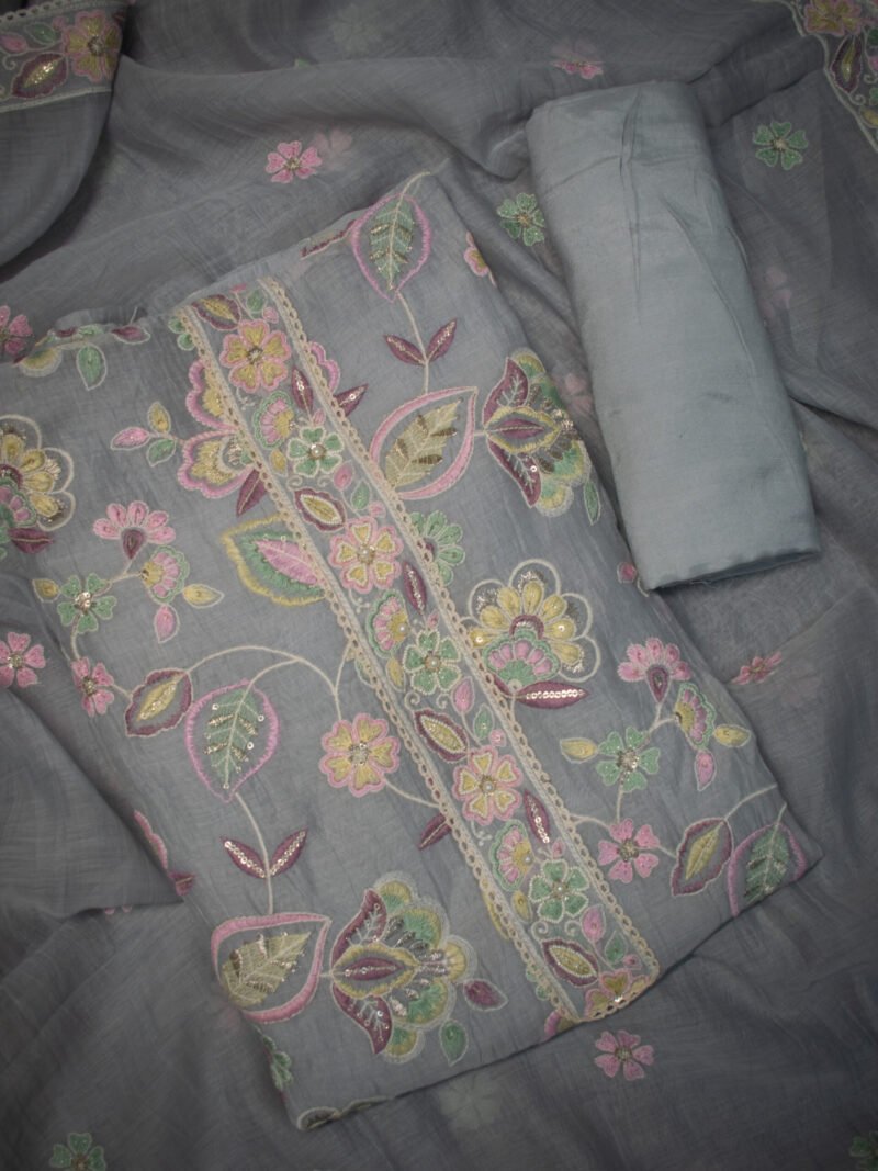 Dove Grey Pastel Floral Embroidered Unstitched Suit Set with Dupatta