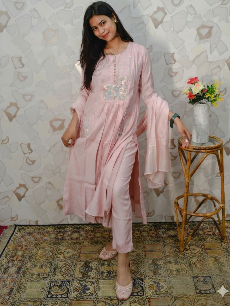 Soft Blush Pink Floral Embroidered Gathered Kurta Set with Dupatta