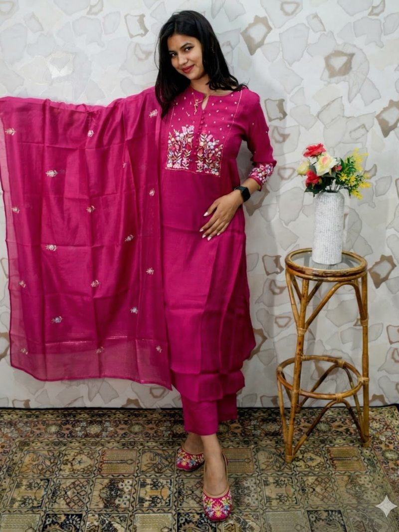 Vibrant Magenta Floral Embroidered Straight Kurta Set with Dupatta
