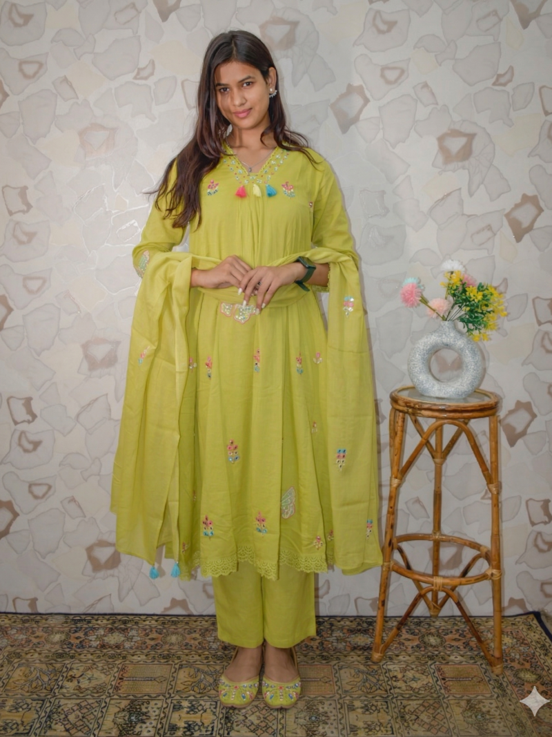 Vibrant Lime Green Embroidered Gathered Kurta Set with Tassels