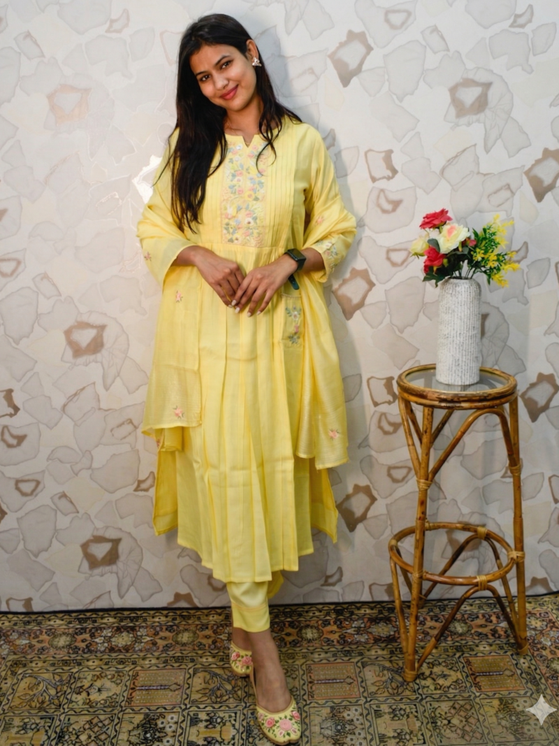 Bright Lemon Yellow Floral Embroidered Pleated Kurta Set with Dupatta