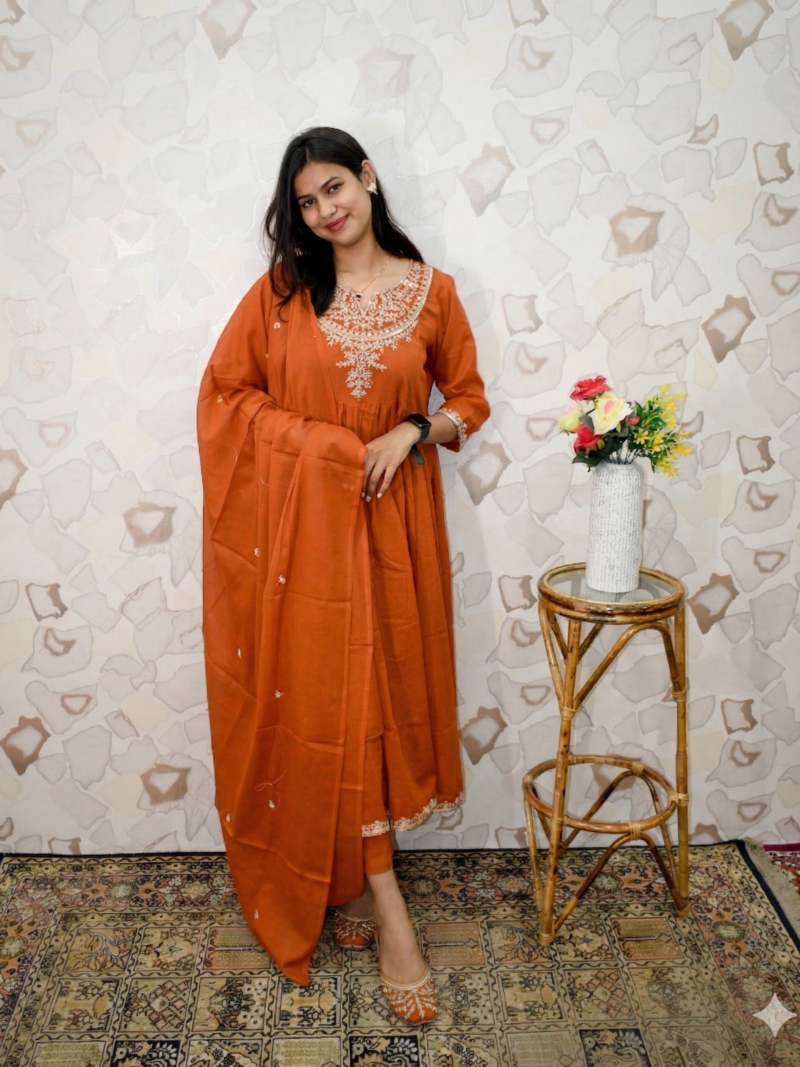 Elegant Rust Orange Embroidered Flared Kurta Set with Dupatta