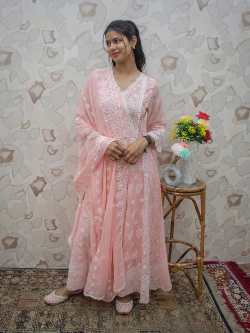 Delicate Peach Chikankari-Style Flared Kurta Set with Dupatta